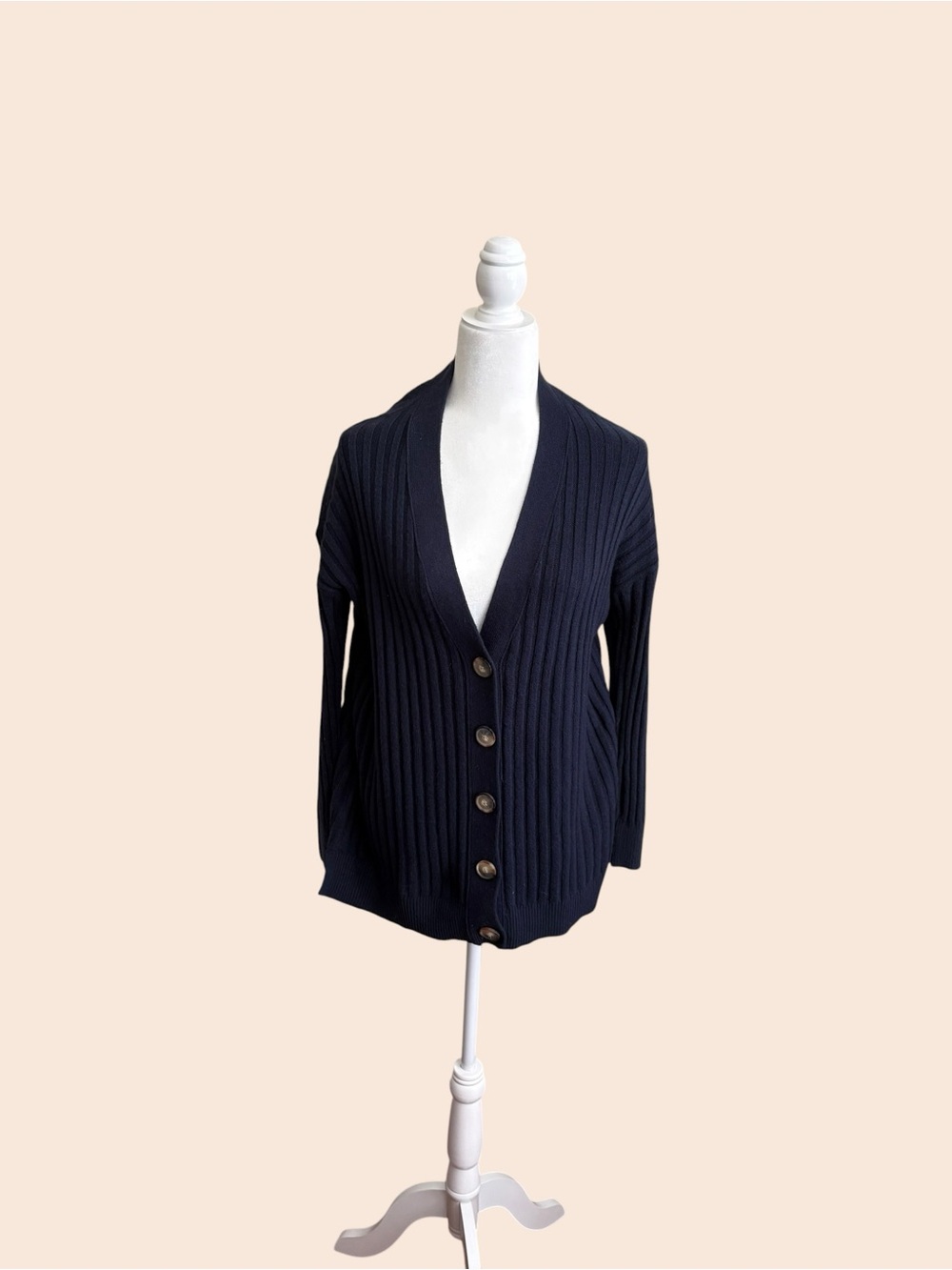 LOFT Navy Ribbed V-Neck Button Cardigan